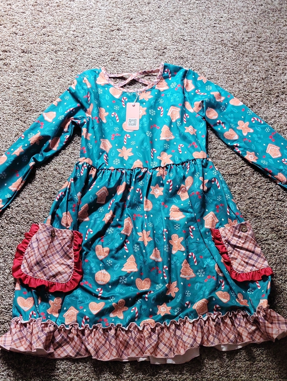 Kids Teal Gingerbread Print Holiday Boutique Dress